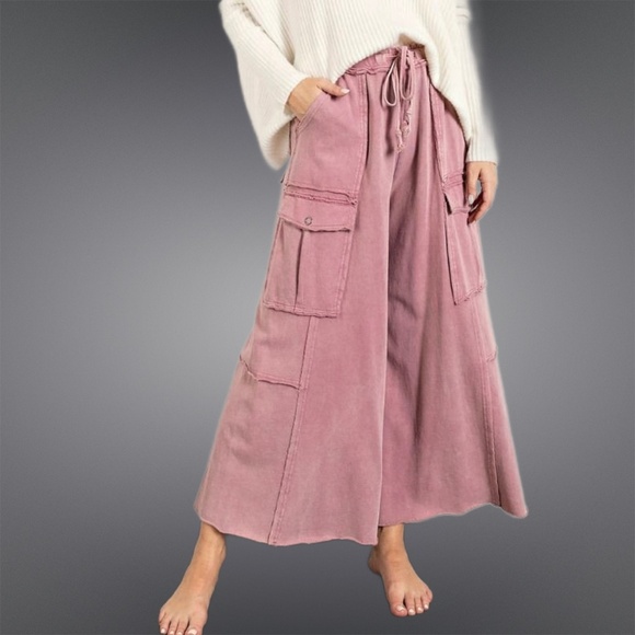 EASEL “Feeling Good Cargos” Mineral Washed Flared Leg, Raw Seams & Hems, Pockets - Picture 10 of 16